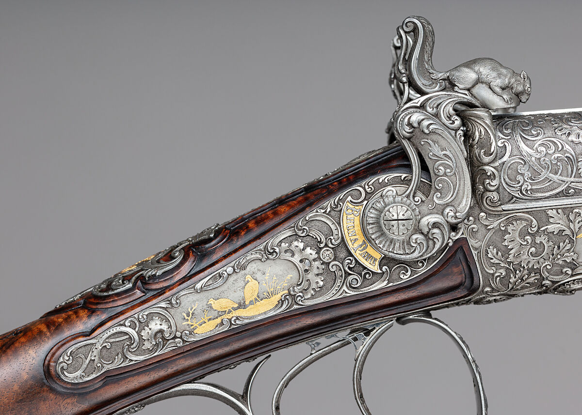 Double-Barrel Breech-Loading Pinfire Shotgun, J. C. A. Brun (French, Paris, active 1849–72), Steel, wood (walnut), gold, French, Paris