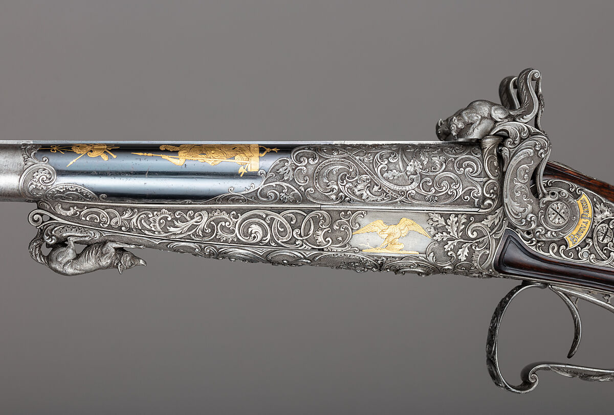 Double-Barrel Breech-Loading Pinfire Shotgun, J. C. A. Brun (French, Paris, active 1849–72), Steel, wood (walnut), gold, French, Paris