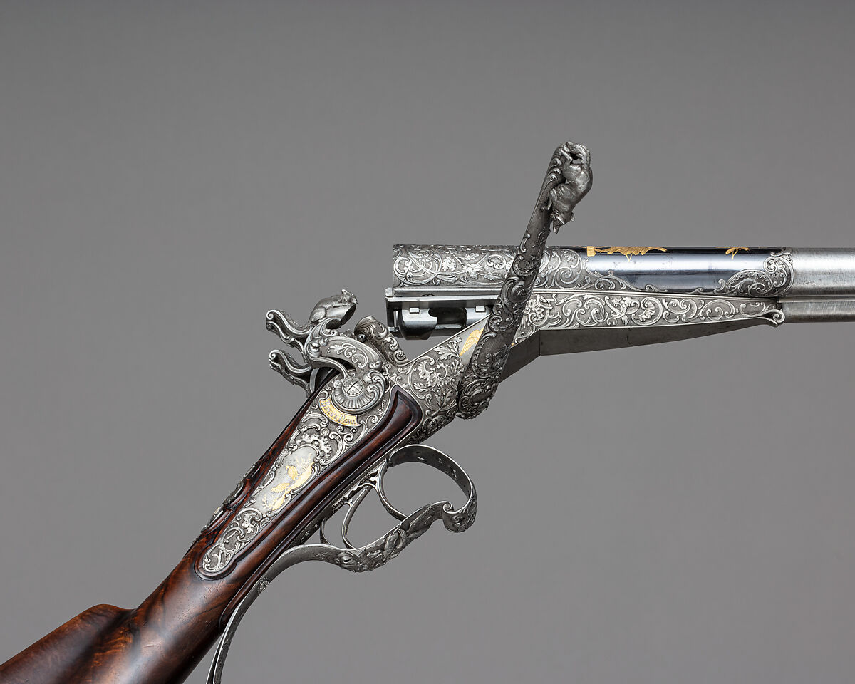 Double-Barrel Breech-Loading Pinfire Shotgun, J. C. A. Brun (French, Paris, active 1849–72), Steel, wood (walnut), gold, French, Paris
