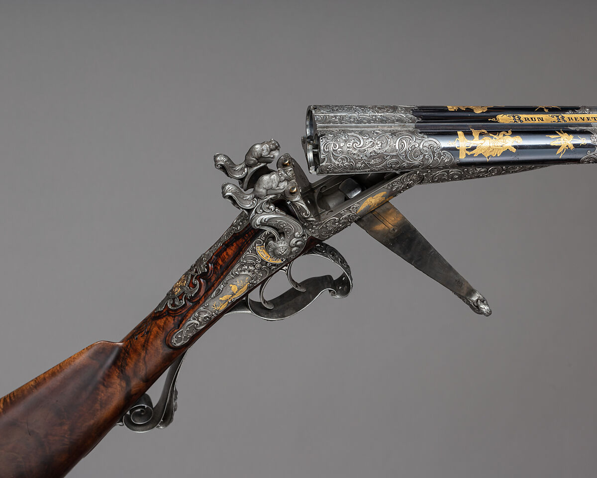 Double-Barrel Breech-Loading Pinfire Shotgun, J. C. A. Brun (French, Paris, active 1849–72), Steel, wood (walnut), gold, French, Paris