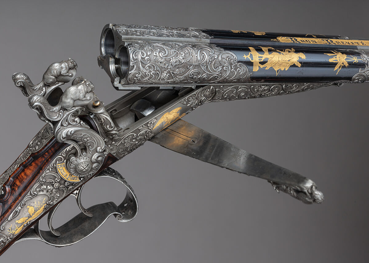 Double-Barrel Breech-Loading Pinfire Shotgun, J. C. A. Brun (French, Paris, active 1849–72), Steel, wood (walnut), gold, French, Paris