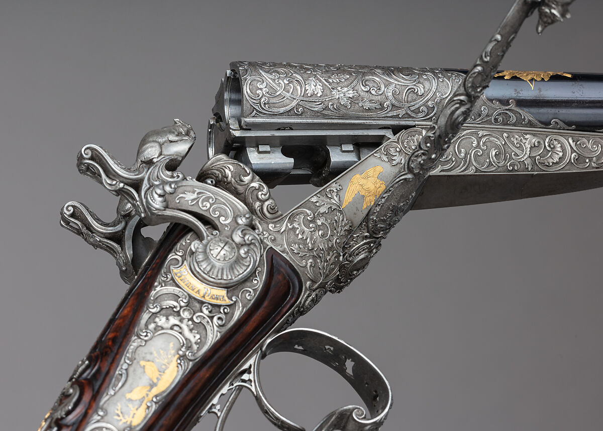 Double-Barrel Breech-Loading Pinfire Shotgun, J. C. A. Brun (French, Paris, active 1849–72), Steel, wood (walnut), gold, French, Paris