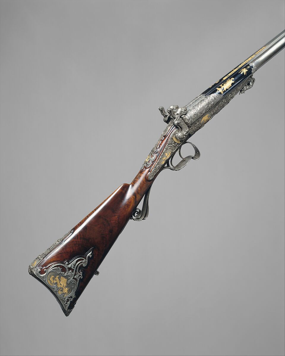 Double-Barrel Breech-Loading Pinfire Shotgun, J. C. A. Brun (French, Paris, active 1849–72), Steel, wood (walnut), gold, French, Paris 