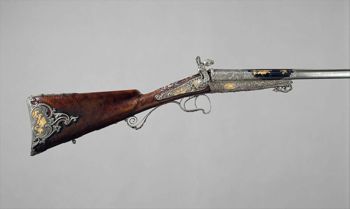 Double-Barrel Breech-Loading Pinfire Shotgun, J. C. A. Brun (French, Paris, active 1849–72), Steel, wood (walnut), gold, French, Paris
