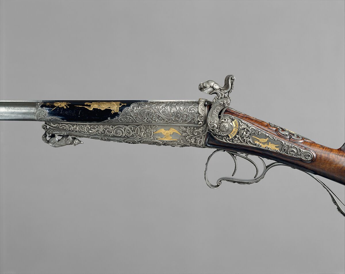 Double-Barrel Breech-Loading Pinfire Shotgun, J. C. A. Brun (French, Paris, active 1849–72), Steel, wood (walnut), gold, French, Paris