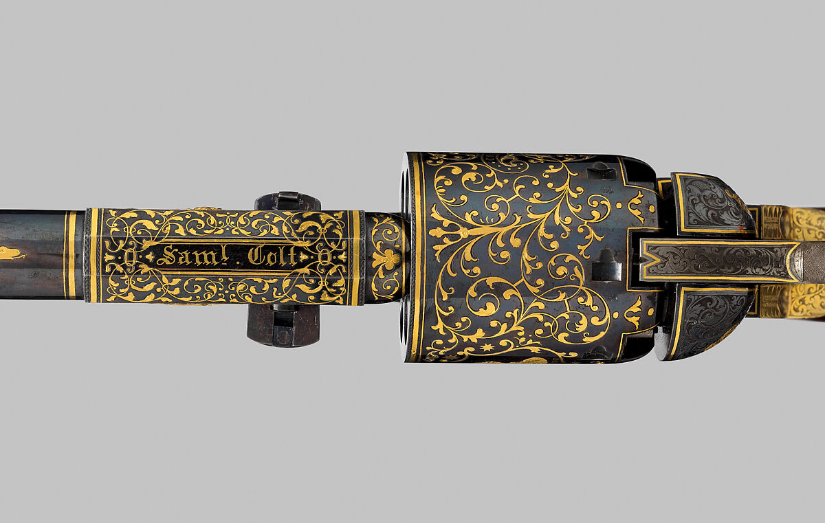 Colt Third Model Dragoon Percussion Revolver, serial no. 12406, Samuel Colt (American, Hartford, Connecticut 1814–1862), Steel, brass, gold, wood (walnut), American, Hartford, Connecticut