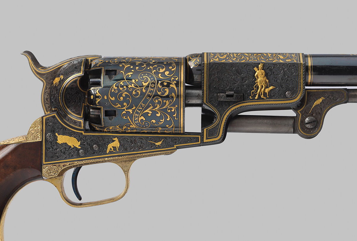 Colt Third Model Dragoon Percussion Revolver, serial no. 12406, Samuel Colt (American, Hartford, Connecticut 1814–1862), Steel, brass, gold, wood (walnut), American, Hartford, Connecticut