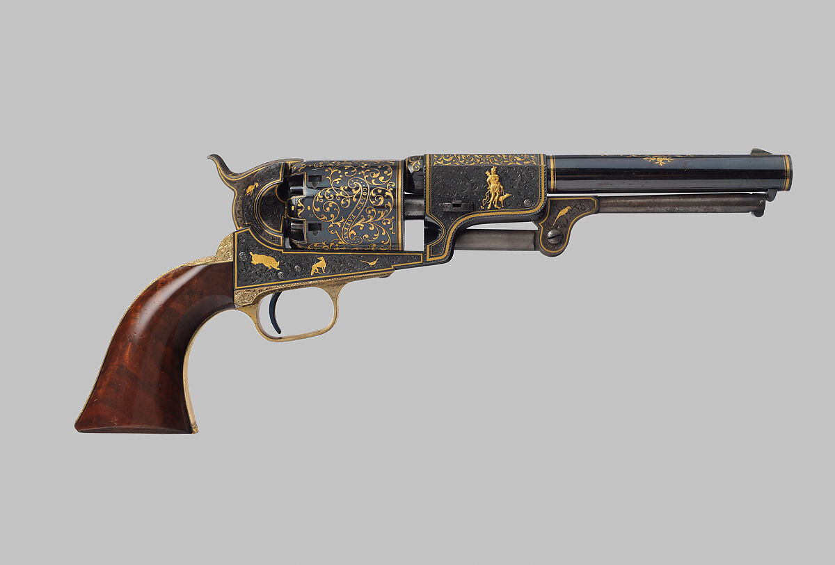 Colt Third Model Dragoon Percussion Revolver, serial no. 12406, Samuel Colt (American, Hartford, Connecticut 1814–1862), Steel, brass, gold, wood (walnut), American, Hartford, Connecticut