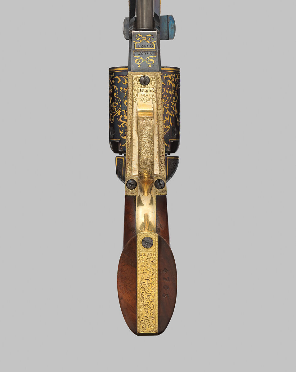 Colt Third Model Dragoon Percussion Revolver, serial no. 12406, Samuel Colt (American, Hartford, Connecticut 1814–1862), Steel, brass, gold, wood (walnut), American, Hartford, Connecticut