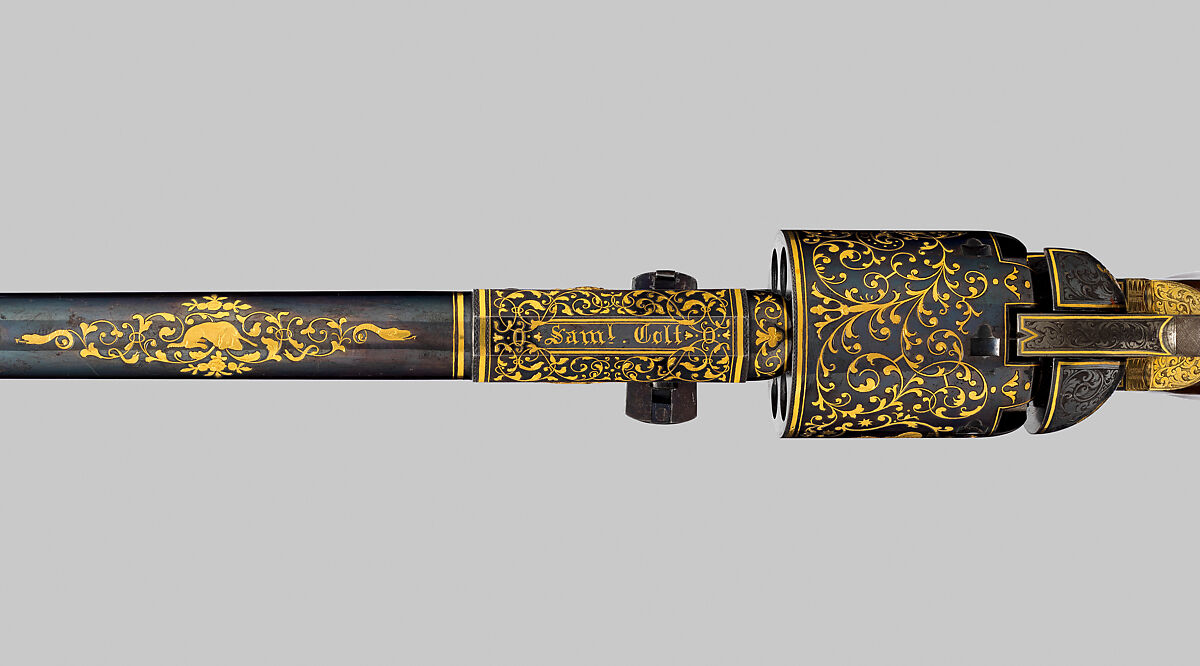Colt Third Model Dragoon Percussion Revolver, serial no. 12406, Samuel Colt (American, Hartford, Connecticut 1814–1862), Steel, brass, gold, wood (walnut), American, Hartford, Connecticut