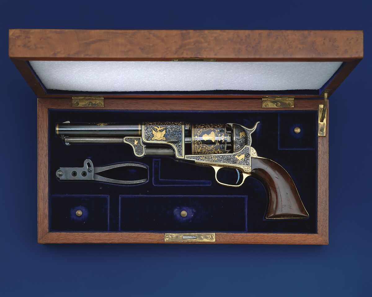 Colt Third Model Dragoon Percussion Revolver, serial no. 12406, Samuel Colt (American, Hartford, Connecticut 1814–1862), Steel, brass, gold, wood (walnut), American, Hartford, Connecticut