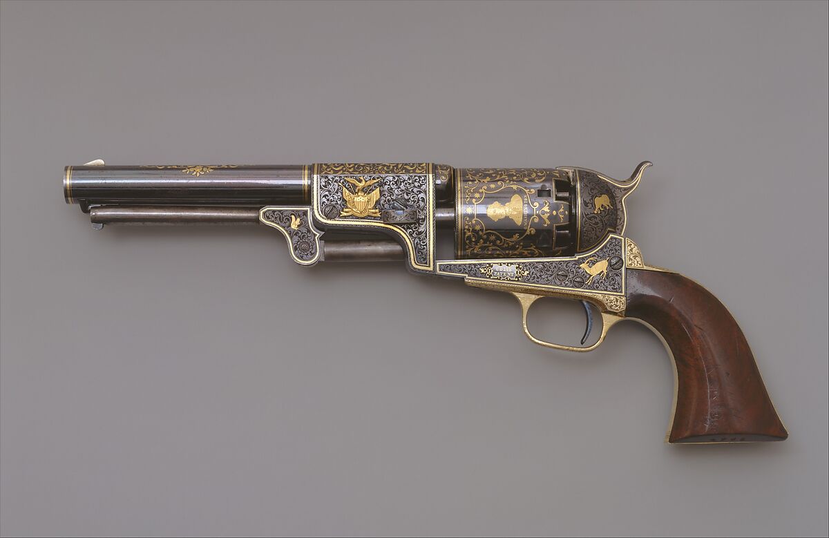 Colt Third Model Dragoon Percussion Revolver, serial no. 12406, Samuel Colt (American, Hartford, Connecticut 1814–1862), Steel, brass, gold, wood (walnut), American, Hartford, Connecticut 