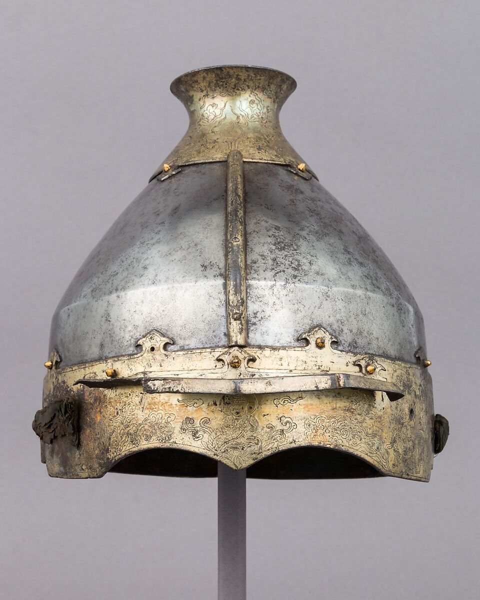 Helmet, Iron, gold, silver, textile, Chinese