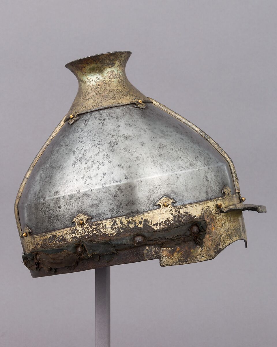 Helmet, Iron, gold, silver, textile, Chinese