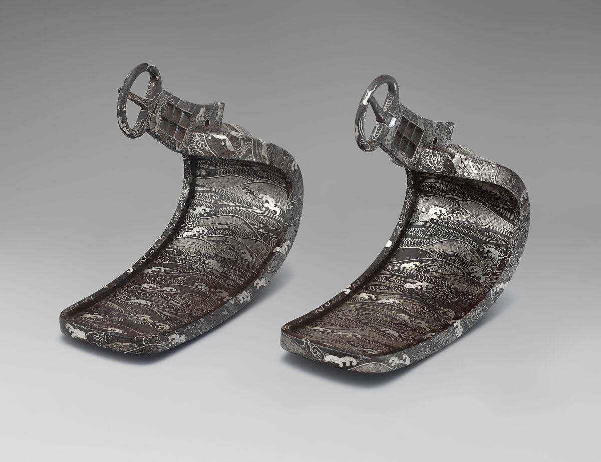 Stirrups (<i>Abumi</i>), Ujiyoshi (Japanese, active 18th century), Iron, silver, Japanese