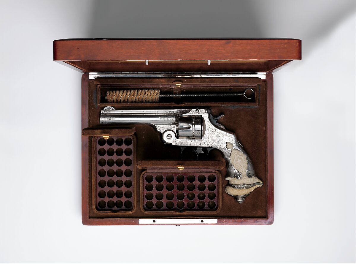 Smith and Wesson .44 Double-Action Revolver for George Jay Gould (1864–1923), serial no. 23402, with Case and Cleaning Brush, Smith &amp; Wesson (American, established 1852), Steel, silver, ivory, wood, paper, textile, leather, gold, copper alloy, iron, silver substitute, fiber, American, Springfield, Massachusetts and New York