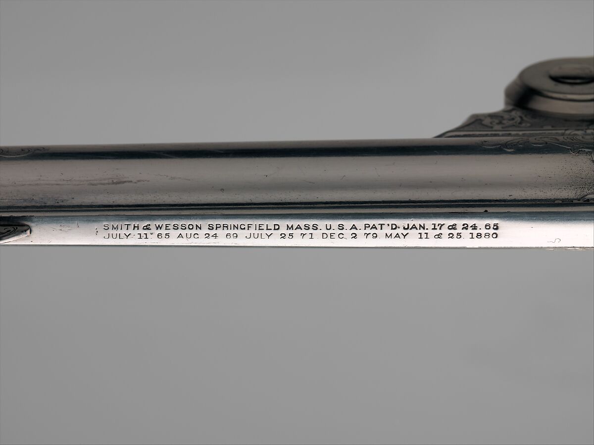 Smith and Wesson .44 Double-Action Revolver for George Jay Gould (1864–1923), serial no. 23402, with Case and Cleaning Brush, Smith &amp; Wesson (American, established 1852), Steel, silver, ivory, wood, paper, textile, leather, gold, copper alloy, iron, silver substitute, fiber, American, Springfield, Massachusetts and New York