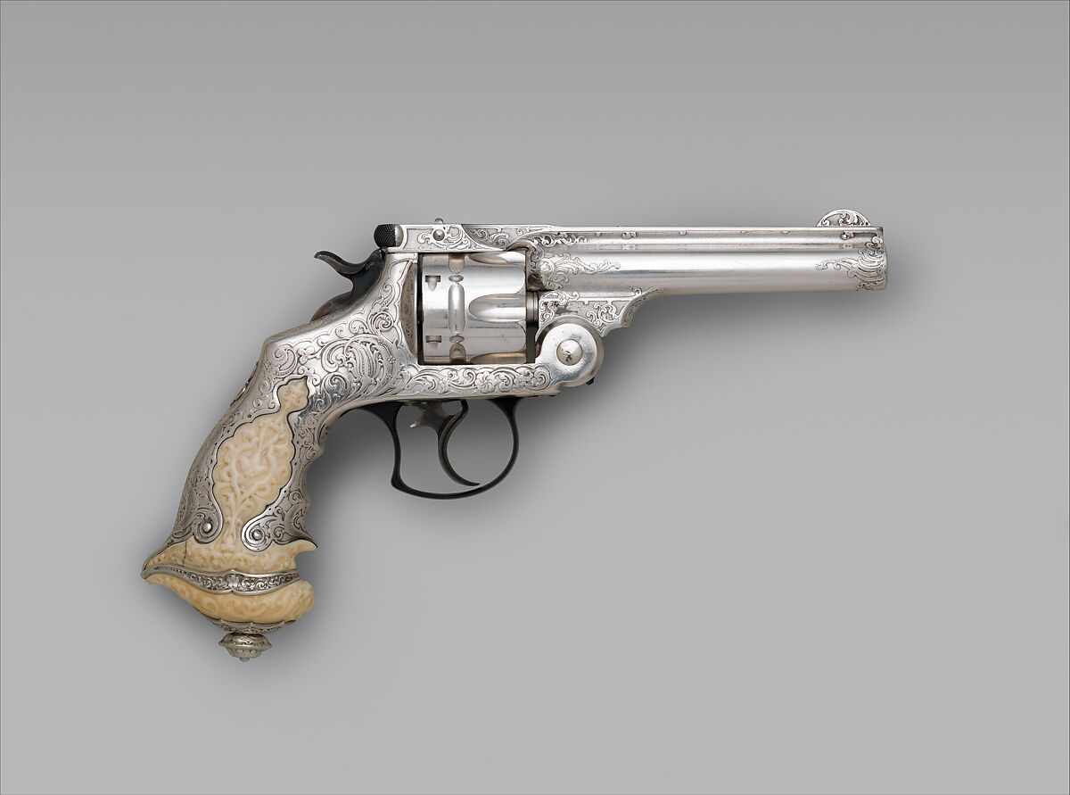 Smith and Wesson .44 Double-Action Revolver for George Jay Gould (1864–1923), serial no. 23402, with Case and Cleaning Brush, Smith &amp; Wesson (American, established 1852), Steel, silver, ivory, wood, paper, textile, leather, gold, copper alloy, iron, silver substitute, fiber, American, Springfield, Massachusetts and New York 