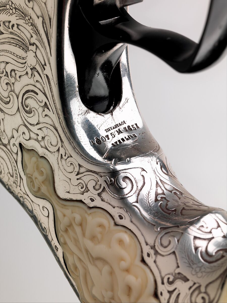 Smith and Wesson .44 Double-Action Revolver for George Jay Gould (1864–1923), serial no. 23402, with Case and Cleaning Brush, Smith &amp; Wesson (American, established 1852), Steel, silver, ivory, wood, paper, textile, leather, gold, copper alloy, iron, silver substitute, fiber, American, Springfield, Massachusetts and New York