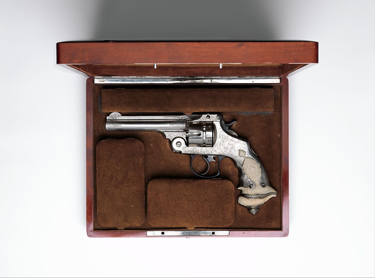 Smith and Wesson .44 Double-Action Revolver for George Jay Gould (1864–1923), serial no. 23402, with Case and Cleaning Brush, Smith &amp; Wesson (American, established 1852), Steel, silver, ivory, wood, paper, textile, leather, gold, copper alloy, iron, silver substitute, fiber, American, Springfield, Massachusetts and New York