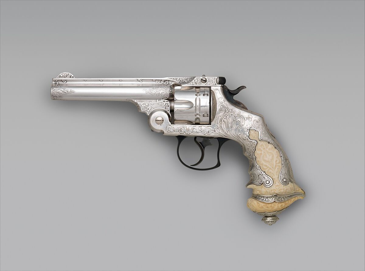 Smith and Wesson .44 Double-Action Revolver for George Jay Gould (1864–1923), serial no. 23402, with Case and Cleaning Brush, Smith &amp; Wesson (American, established 1852), Steel, silver, ivory, wood, paper, textile, leather, gold, copper alloy, iron, silver substitute, fiber, American, Springfield, Massachusetts and New York