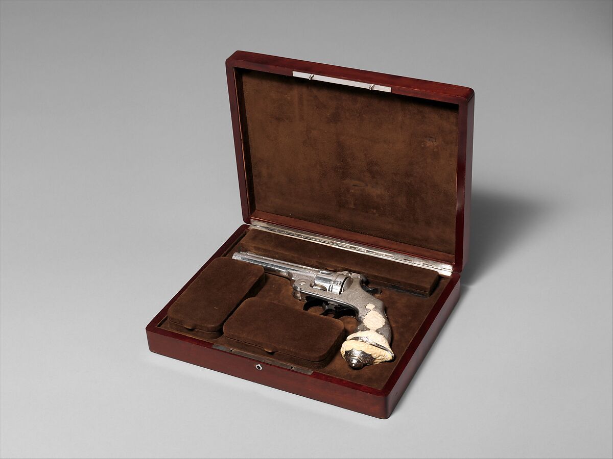 Smith and Wesson .44 Double-Action Revolver for George Jay Gould (1864–1923), serial no. 23402, with Case and Cleaning Brush, Smith &amp; Wesson (American, established 1852), Steel, silver, ivory, wood, paper, textile, leather, gold, copper alloy, iron, silver substitute, fiber, American, Springfield, Massachusetts and New York