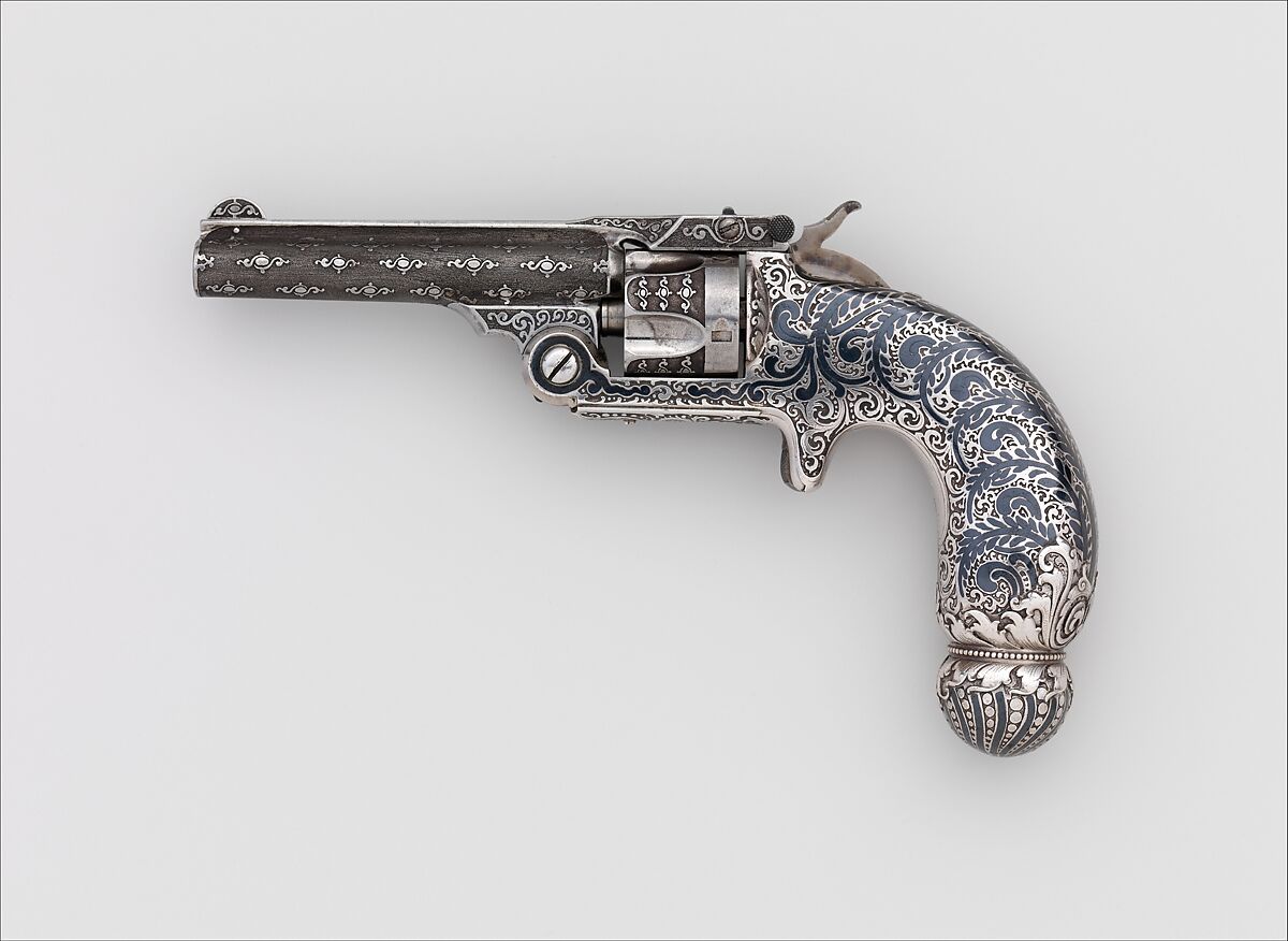 Smith and Wesson .32 Caliber Single-Action Revolver, serial no. 94421, Smith &amp; Wesson (American, established 1852), Steel, silver, niello, nickel, American, Springfield, Massachusetts and New York