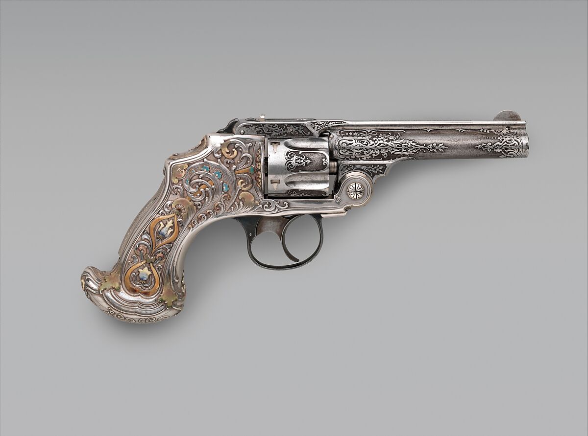 Smith and Wesson .38 Caliber Safety Third Model Double-Action Revolver, serial no. 83097, with Case, Smith & Wesson  American, Steel, silver, enamel, nickel, wood, leather, copper alloy, gold, American, Springfield, Massachusetts and New York