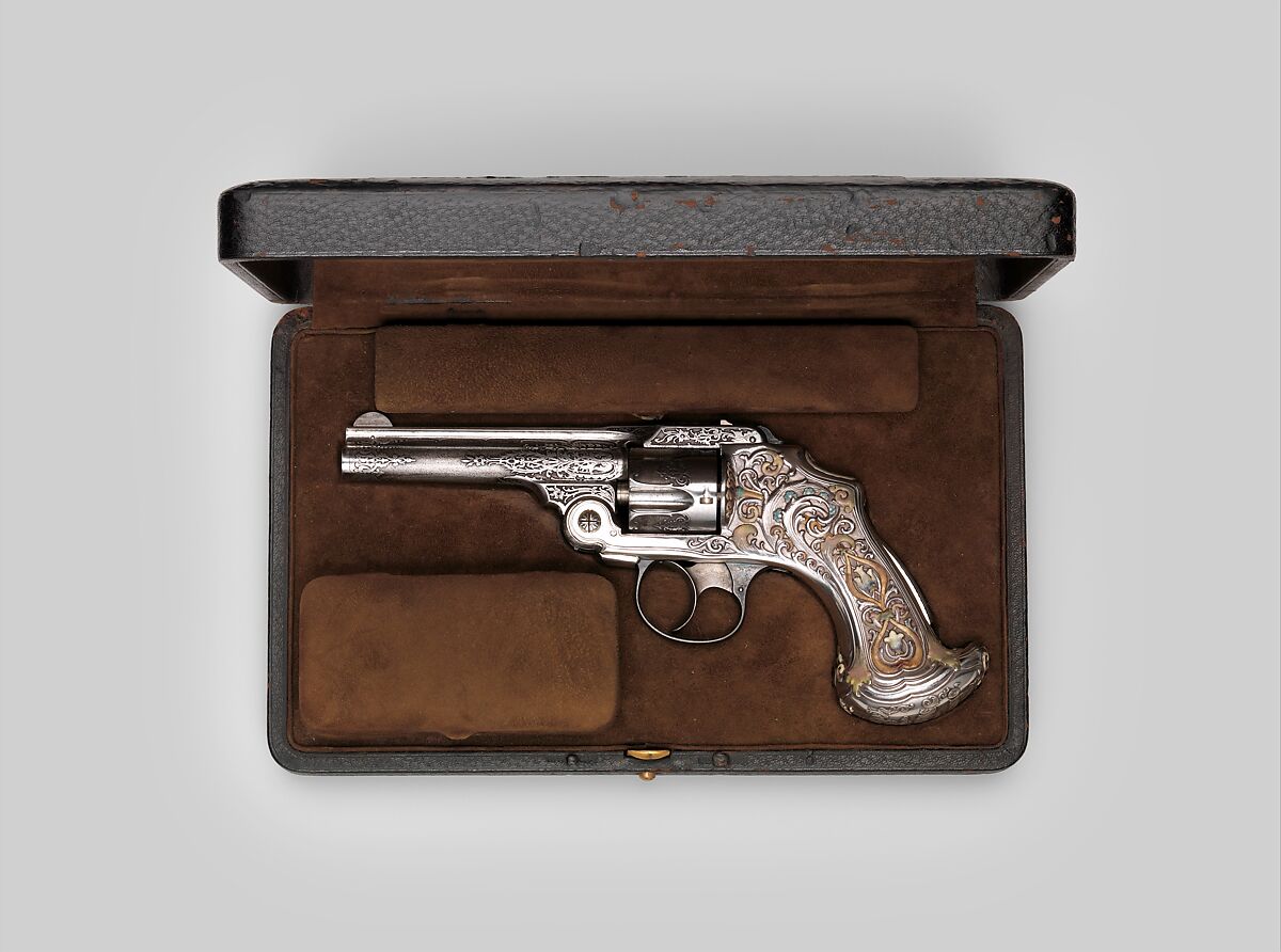 Smith and Wesson .38 Caliber Safety Third Model Double-Action Revolver, serial no. 83097, with Case, Smith &amp; Wesson (American, established 1852), Steel, silver, enamel, nickel, wood, leather, copper alloy, gold, American, Springfield, Massachusetts and New York