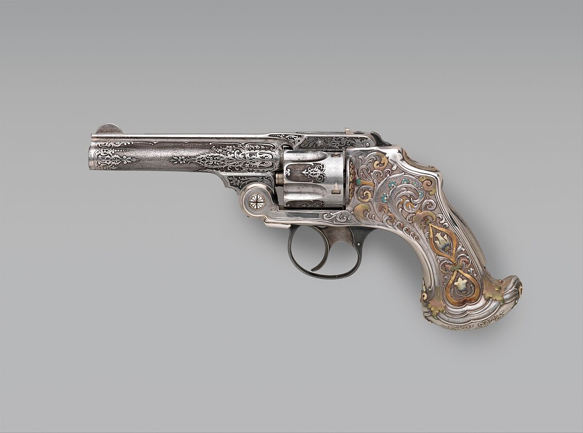 Smith and Wesson .38 Caliber Safety Third Model Double-Action Revolver, serial no. 83097, with Case, Smith &amp; Wesson (American, established 1852), Steel, silver, enamel, nickel, wood, leather, copper alloy, gold, American, Springfield, Massachusetts and New York