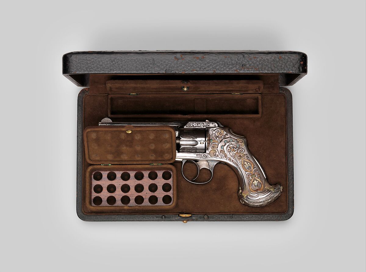 Smith and Wesson .38 Caliber Safety Third Model Double-Action Revolver, serial no. 83097, with Case, Smith &amp; Wesson (American, established 1852), Steel, silver, enamel, nickel, wood, leather, copper alloy, gold, American, Springfield, Massachusetts and New York