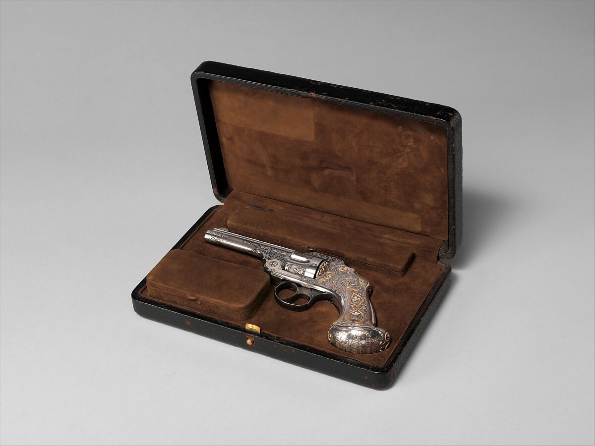 Smith and Wesson .38 Caliber Safety Third Model Double-Action Revolver, serial no. 83097, with Case, Smith &amp; Wesson (American, established 1852), Steel, silver, enamel, nickel, wood, leather, copper alloy, gold, American, Springfield, Massachusetts and New York
