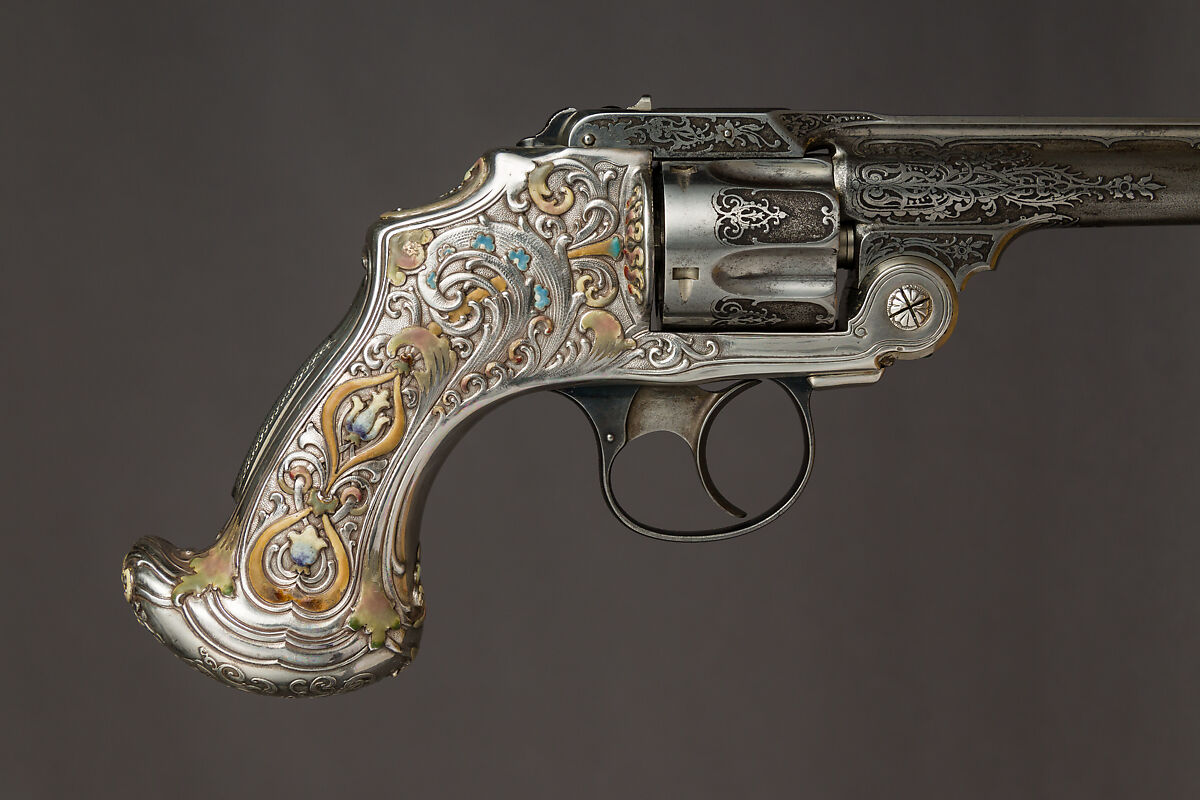 Smith and Wesson .38 Caliber Safety Third Model Double-Action Revolver, serial no. 83097, with Case, Smith &amp; Wesson (American, established 1852), Steel, silver, enamel, nickel, wood, leather, copper alloy, gold, American, Springfield, Massachusetts and New York