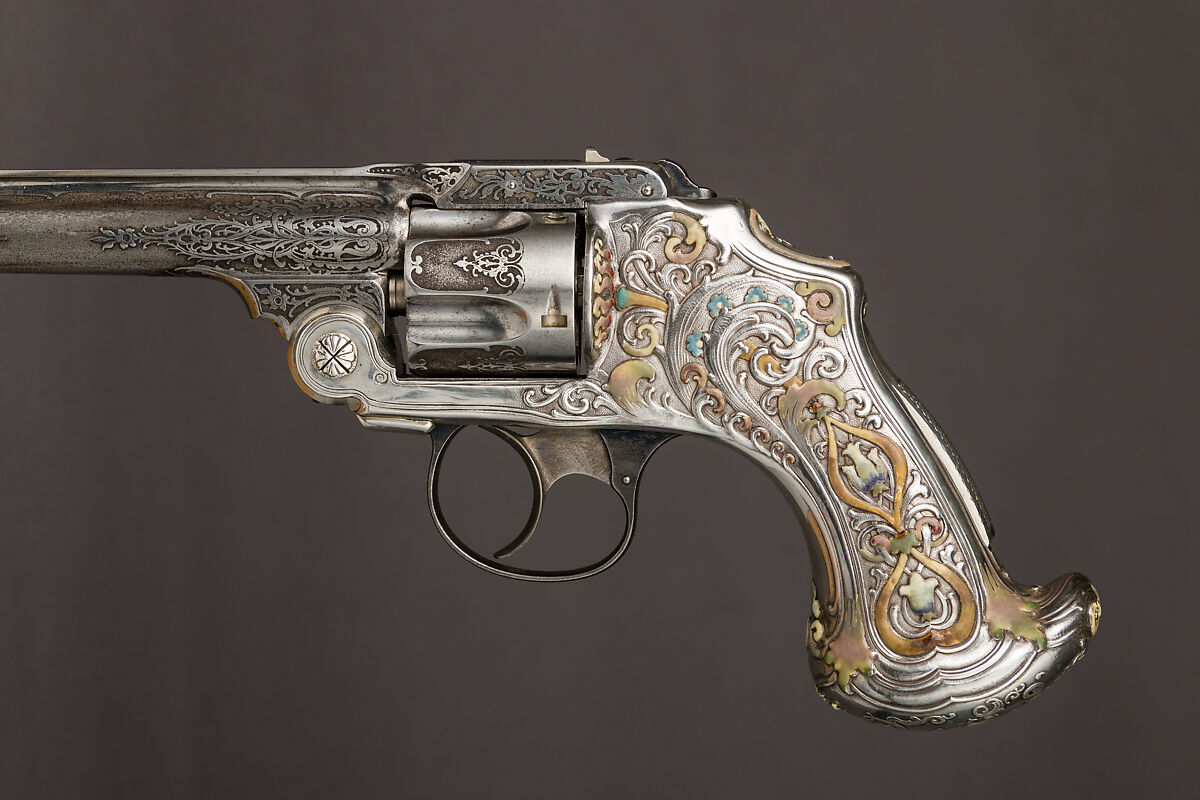 Smith and Wesson .38 Caliber Safety Third Model Double-Action Revolver, serial no. 83097, with Case, Smith &amp; Wesson (American, established 1852), Steel, silver, enamel, nickel, wood, leather, copper alloy, gold, American, Springfield, Massachusetts and New York