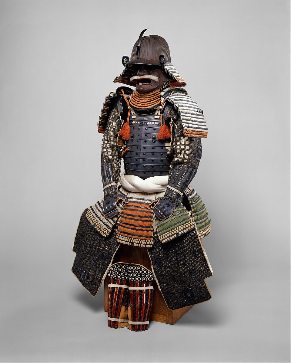 Armor (<i>Gusoku</i>), Helmet signed by Bamen Tomotsugu (Japanese, Echizen province, Toyohara, active 18th century), Iron, lacquer, copper-gold alloy (shakudō), silver, silk, horse hair, ivory, Japanese, Toyohara, Echizen province 