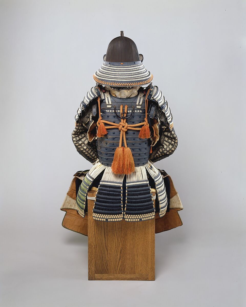 Armor (<i>Gusoku</i>), Helmet signed by Bamen Tomotsugu (Japanese, Echizen province, Toyohara, active 18th century), Iron, lacquer, copper-gold alloy (shakudō), silver, silk, horse hair, ivory, Japanese, Toyohara, Echizen province