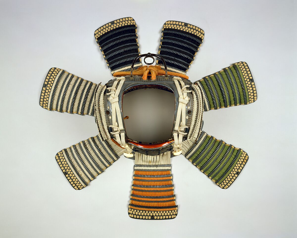 Armor (<i>Gusoku</i>), Helmet signed by Bamen Tomotsugu (Japanese, Echizen province, Toyohara, active 18th century), Iron, lacquer, copper-gold alloy (shakudō), silver, silk, horse hair, ivory, Japanese, Toyohara, Echizen province