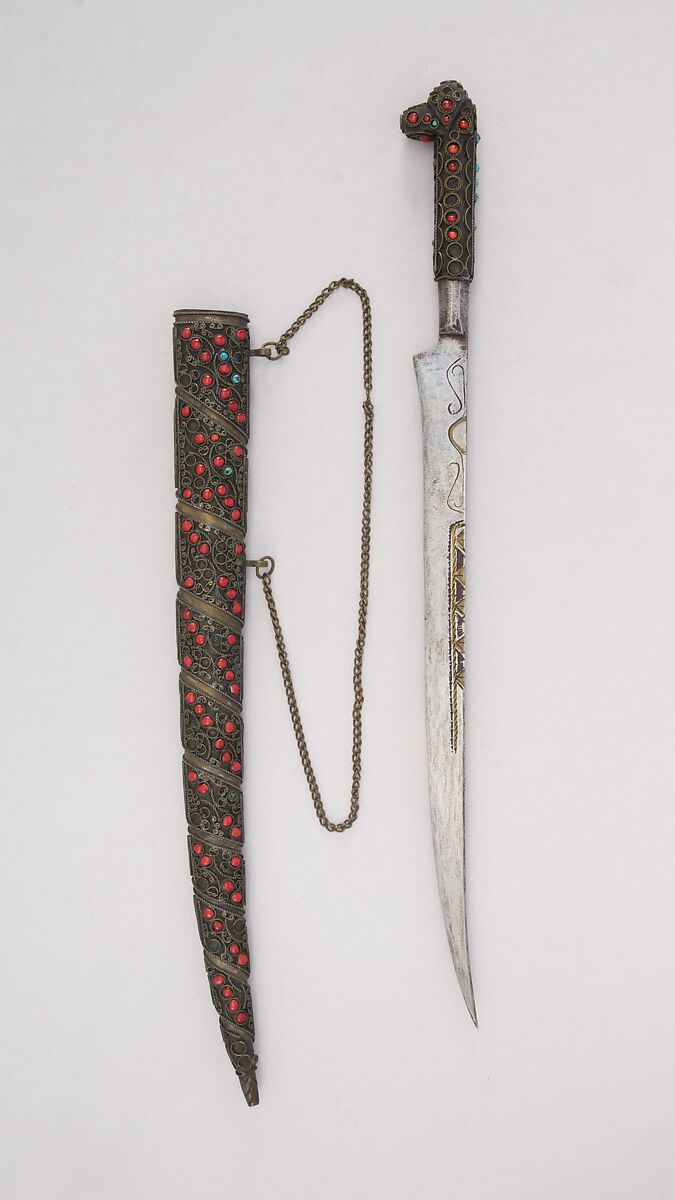 Dagger (Flyssa) with Sheath, Brass, glass, Algerian, Kabyle 