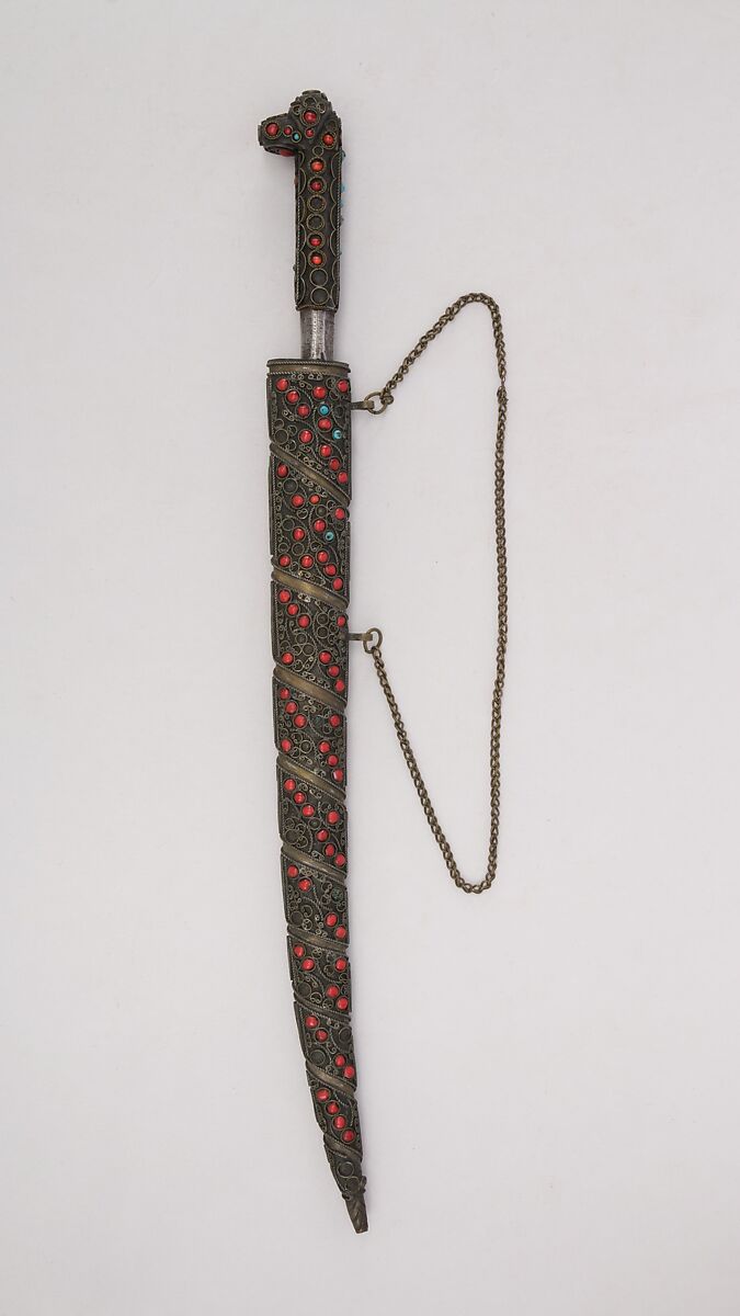 Dagger (Flyssa) with Sheath, Brass, glass, Algerian, Kabyle