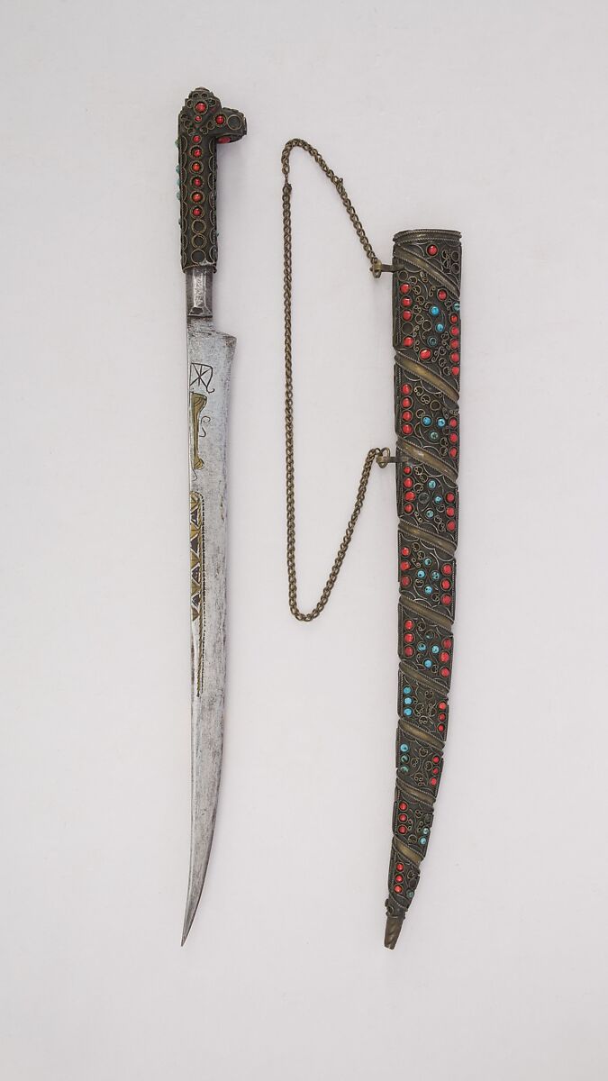 Dagger (Flyssa) with Sheath, Brass, glass, Algerian, Kabyle