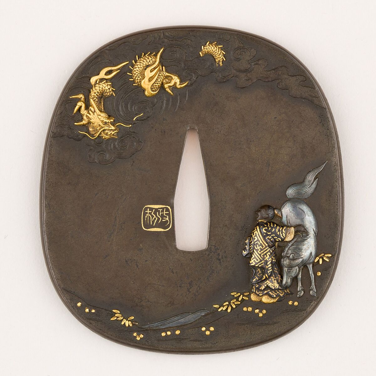 Sword Guard (<i>Tsuba</i>) Depicting Legendary Chinese Horse Doctor Mâshi Húang (馬師皇図鐔), Copper-silver alloy (shibuichi), copper-gold alloy (shakudō), gold, silver, copper, Japanese 