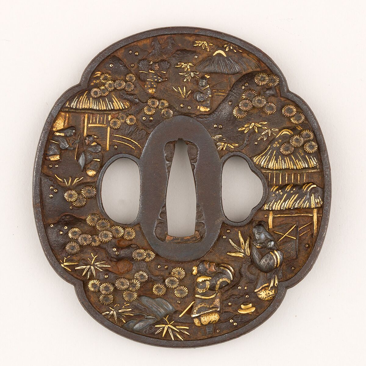 Sword Guard (<i>Tsuba</i>) Depicting Guo Jù (郭巨図鐔), Iron, gold, silver, copper, Japanese 