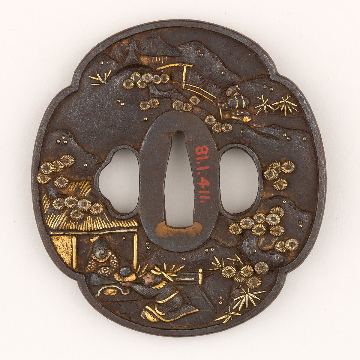 Sword Guard (<i>Tsuba</i>) Depicting Guo Jù (郭巨図鐔), Iron, gold, silver, copper, Japanese