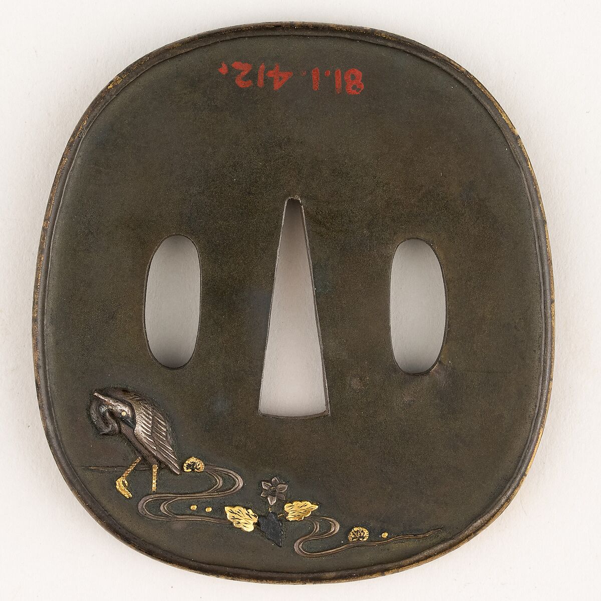 Sword Guard (<i>Tsuba</i>) Depicting Herons (鷺図鐔), Copper-silver alloy (shibuichi), silver, gold, copper-gold alloy (shakudō), Japanese