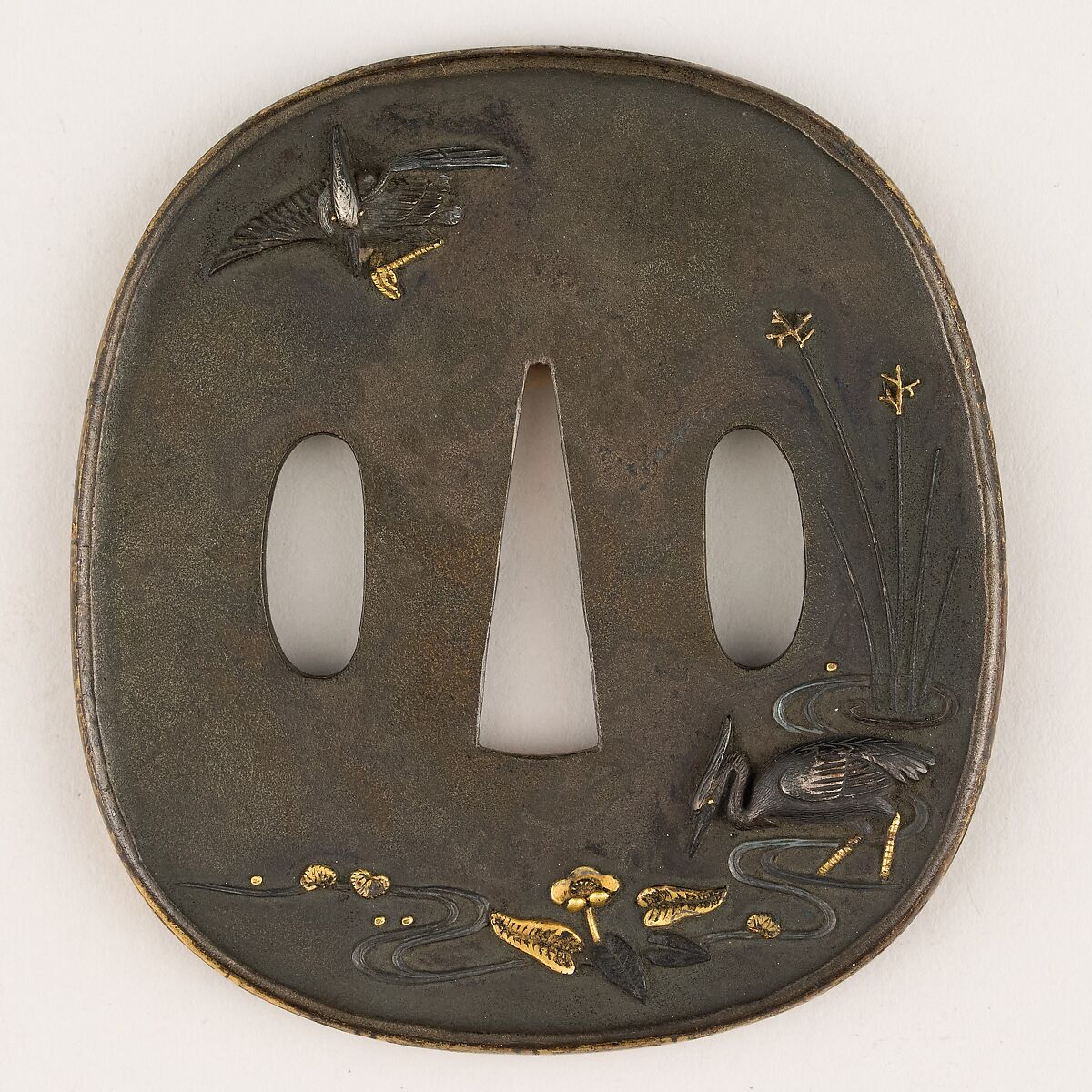 Sword Guard (<i>Tsuba</i>) Depicting Herons (鷺図鐔), Copper-silver alloy (shibuichi), silver, gold, copper-gold alloy (shakudō), Japanese 