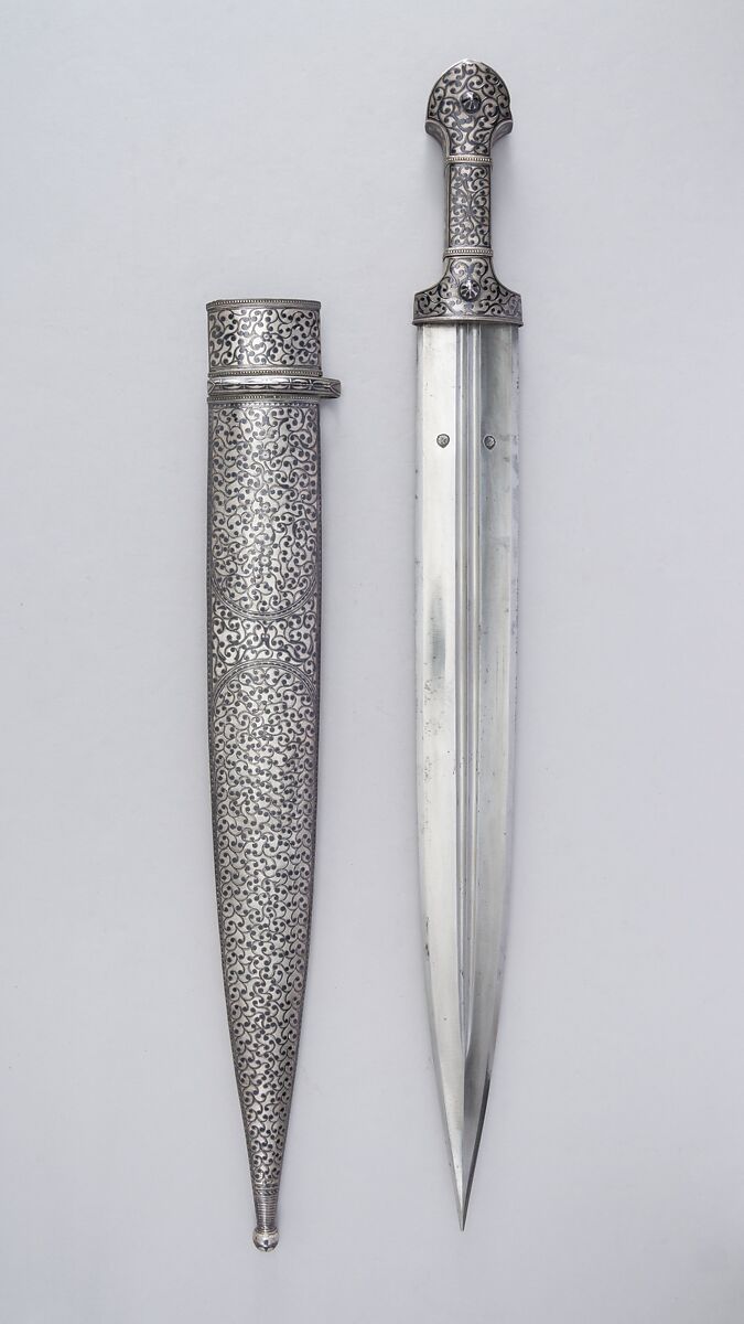 Dagger (Kindjal) with Sheath, Steel, wood, silver, niello, Caucasian, possibly northern Dagestan 