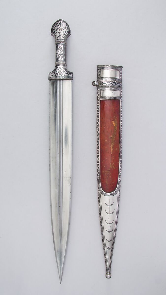 Dagger (Kindjal) with Sheath, Steel, wood, silver, niello, Caucasian, possibly northern Dagestan