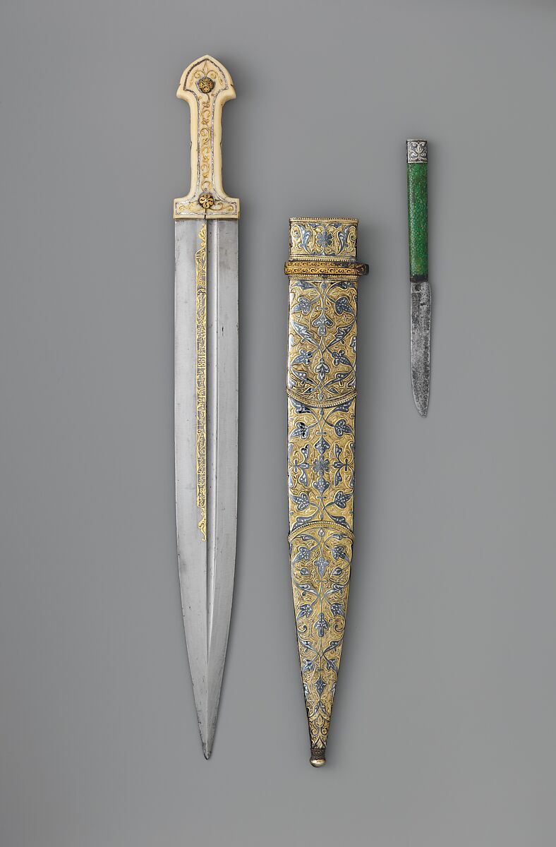 Dagger (<i>Qama</i>) with Sheath and Utility Knife, Steel, ivory (walrus), silver, gold, niello, copper, wood (likely mahogany), leather, sharkskin, Caucasian, probably Tbilisi, Georgia 