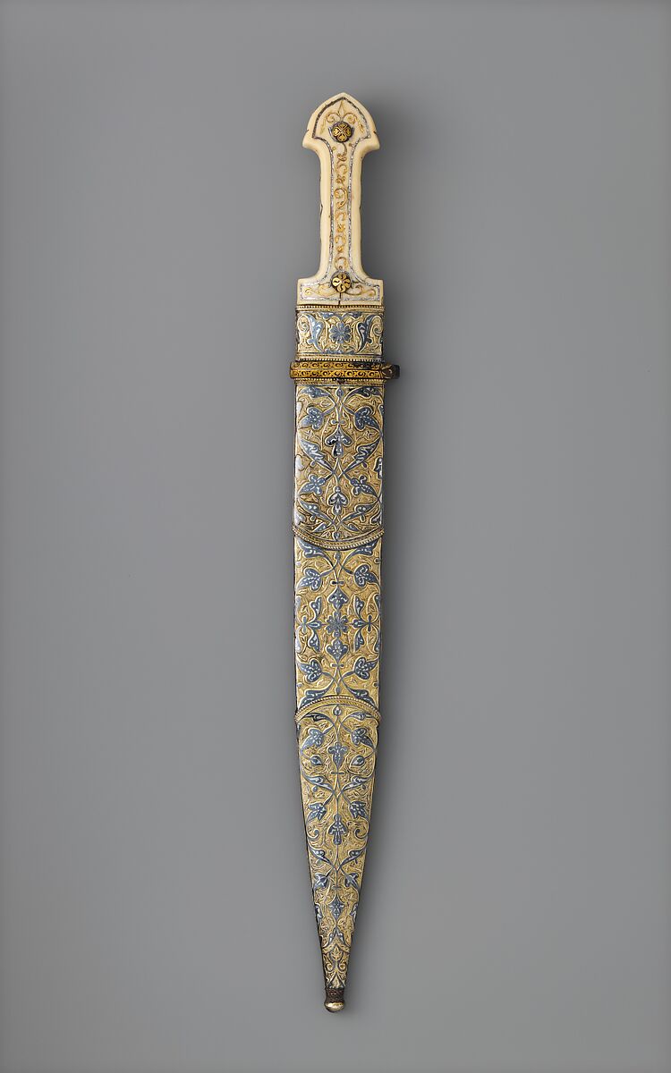 Dagger (<i>Qama</i>) with Sheath and Utility Knife, Steel, ivory (walrus), silver, gold, niello, copper, wood (likely mahogany), leather, sharkskin, Caucasian, probably Tbilisi, Georgia