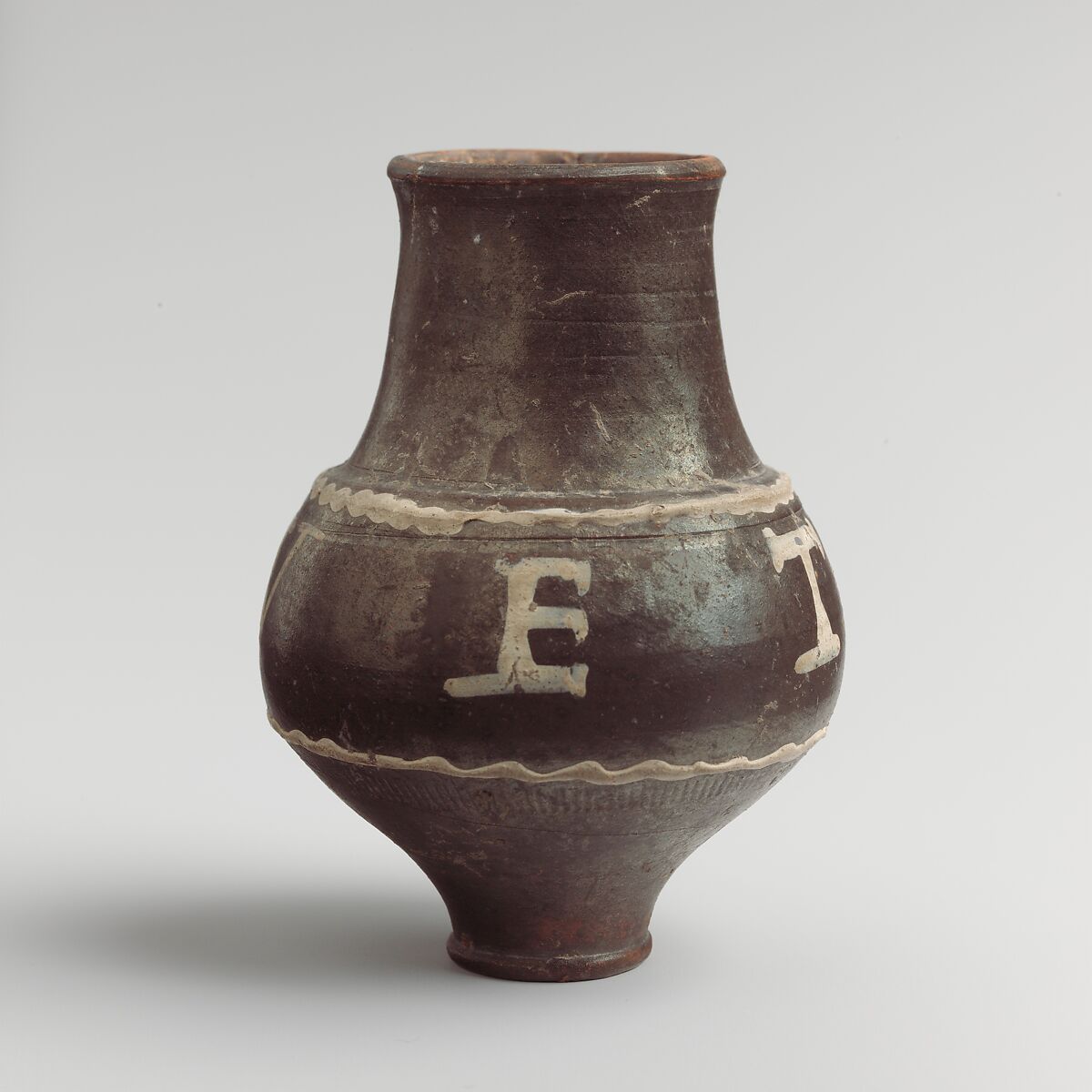 Terracotta beaker with painted inscription, Terracotta, Roman 